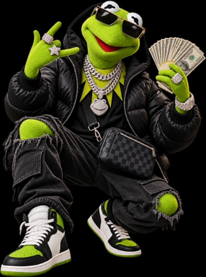 Lazy Frog in a puffer jacket holding cash